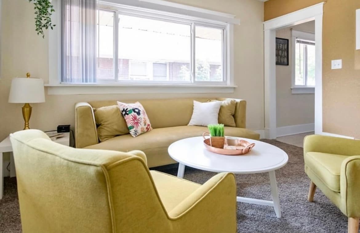 A furnished living room in a midterm rental
