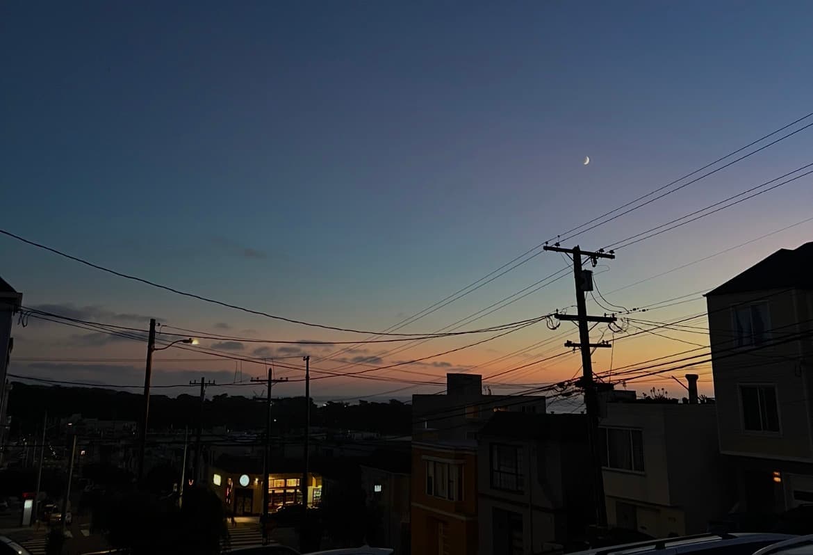 The skyline of Outer Richmond at sunset.
